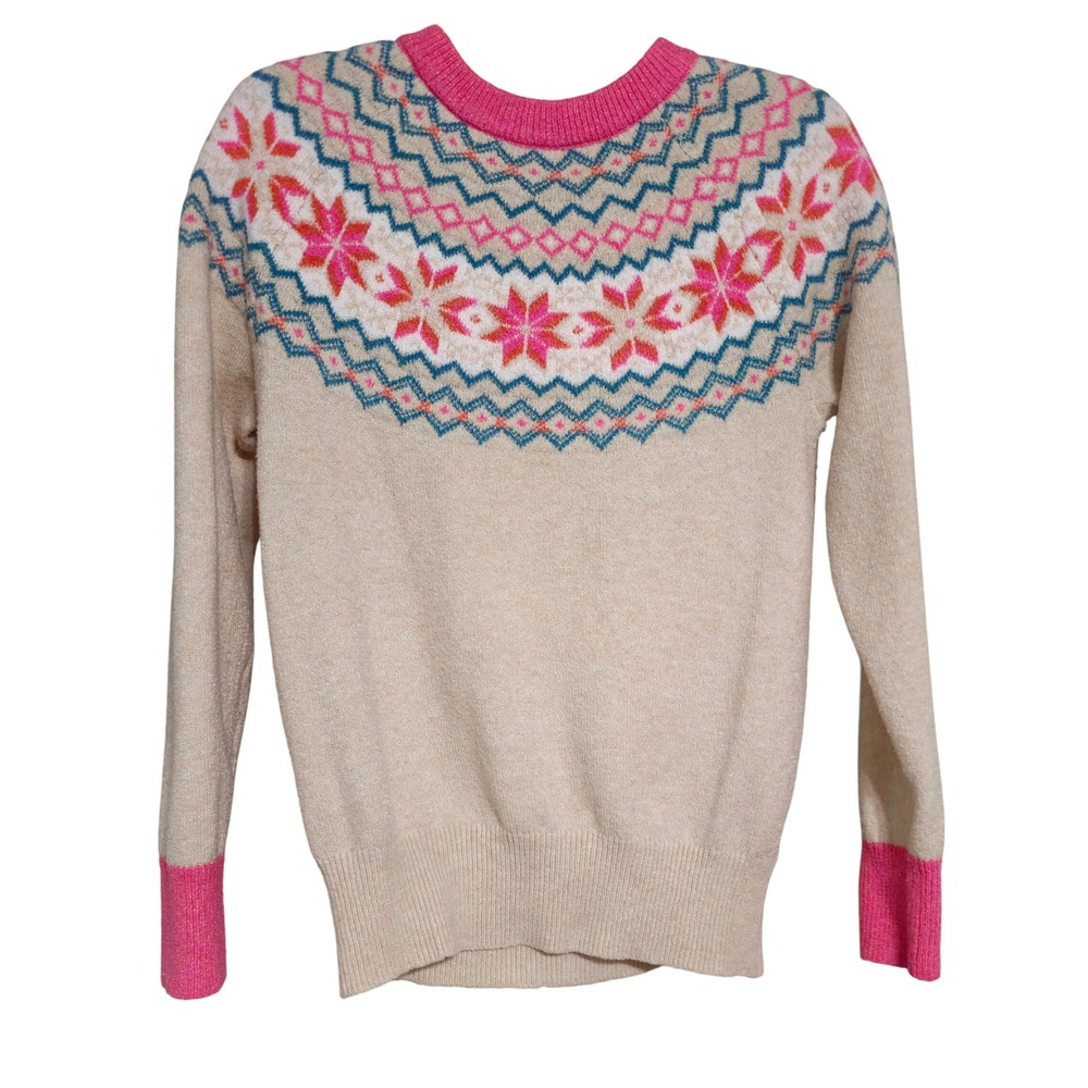 Holiday Time Fair Isle Snowflake Crewneck Sweater Pink Cream Cozy Size S EUC